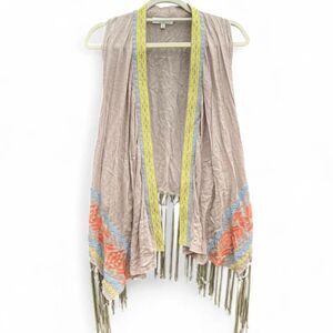 Umgee Boho Fringe Embroidered Vest | Tan Oatmeal | Large | Desert Boho